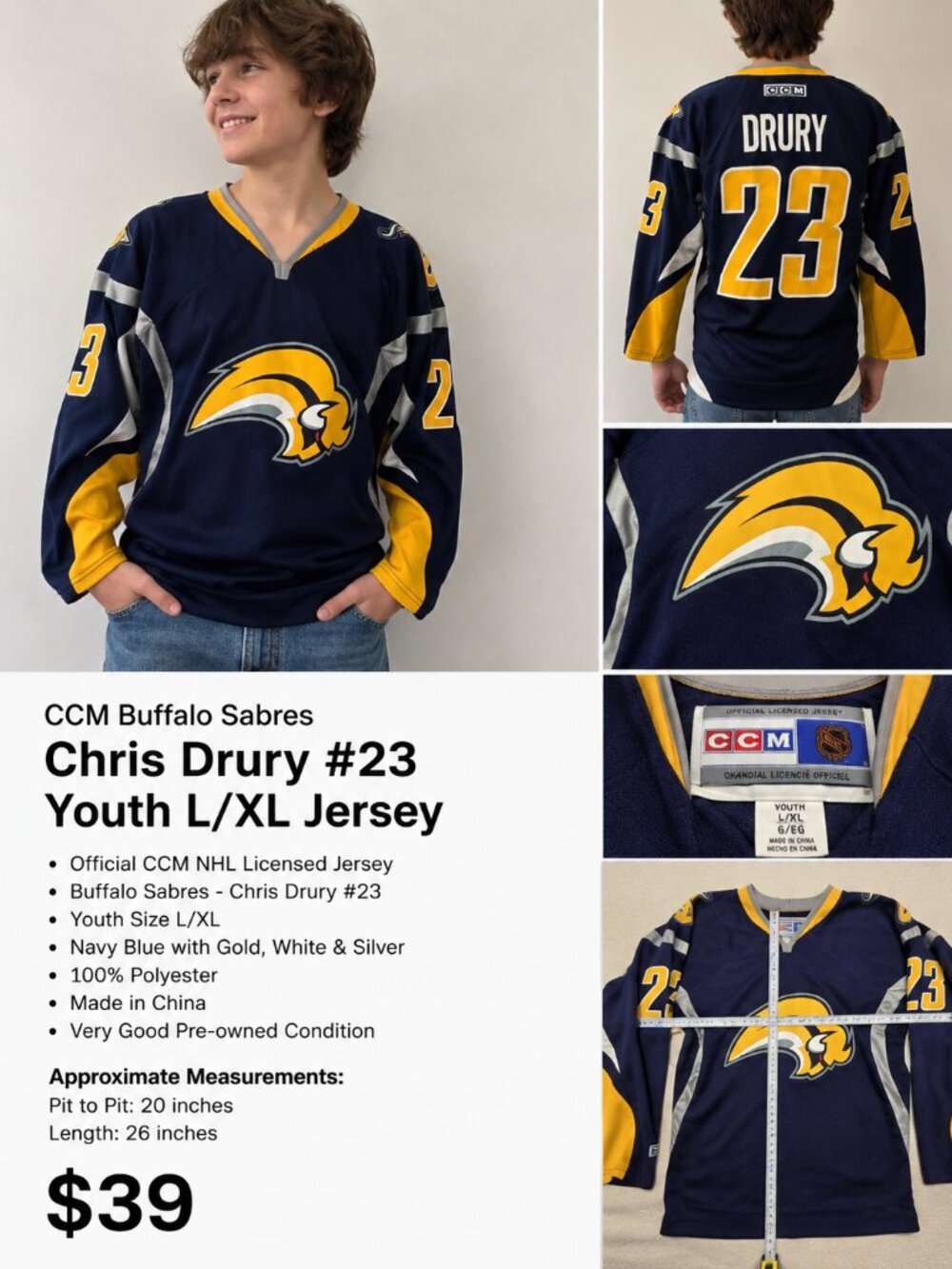 CCM Buffalo Sabres Chris Drury #23 Youth L/XL NHL Hockey Jersey